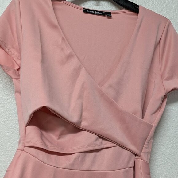 Hippie Chic Peach Short Sleeves V-Neck Low Cut Cross-over Mini A-line Dress - Picture 2 of 5